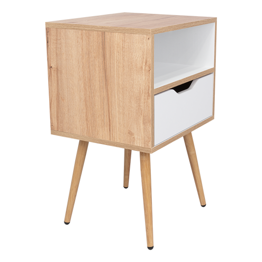 Velador Alesio, Café Claro y Blanco, con Patas en Madera y un Cajón