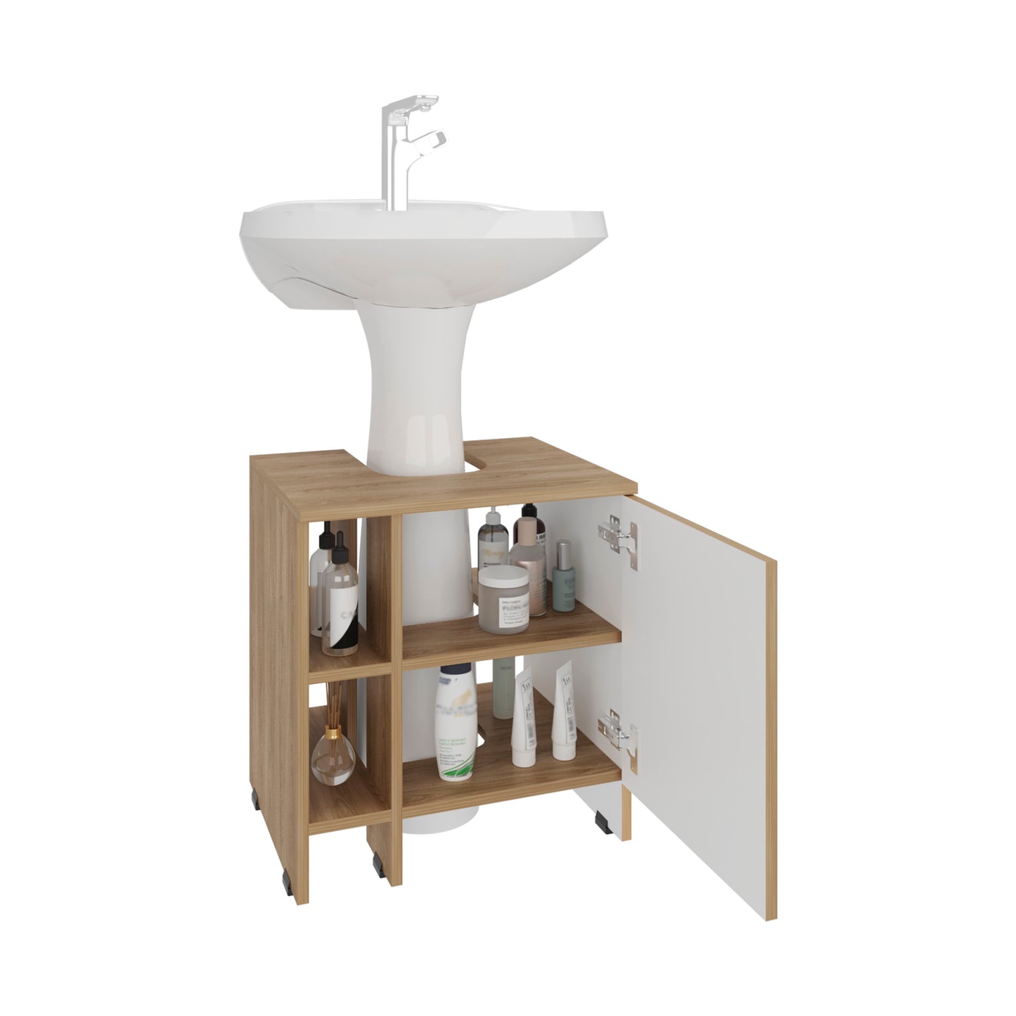 Mueble Basic Para Baño Una Puerta, Color Fresno Y Blanco
