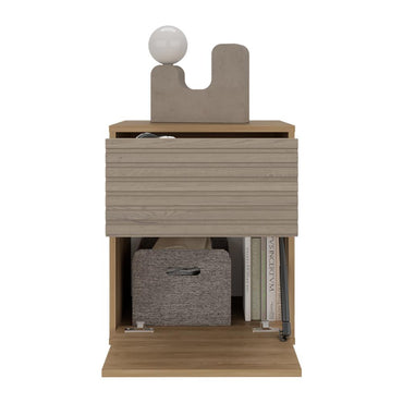 Mesa de Noche Wandda, Fresno Europeo y Roble Natural, con un cajón para guardar objetos