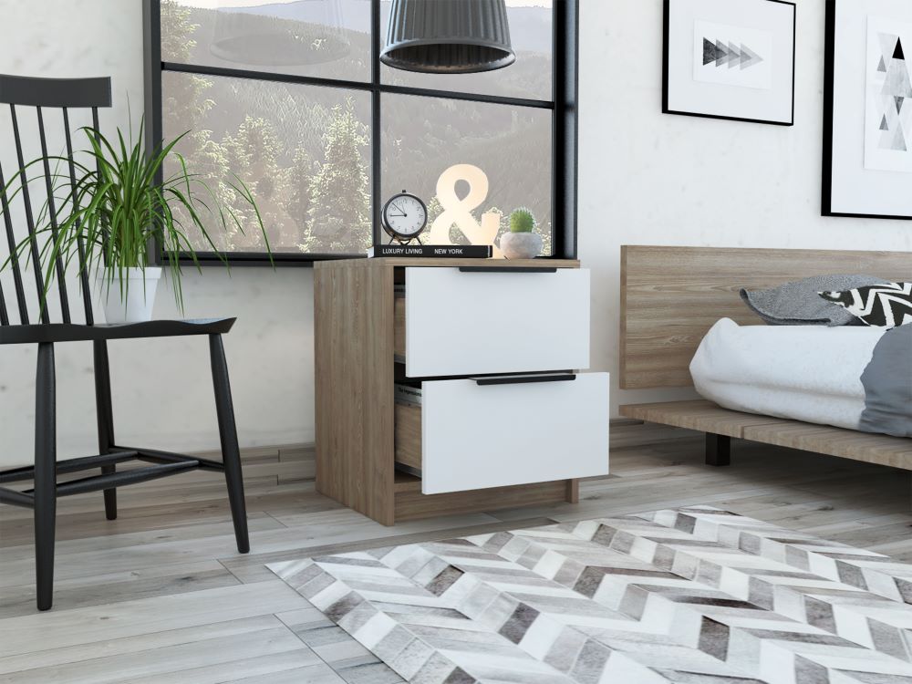 Velador Dos Cajones, FM Furniture 021C, Café Claro Y Blanco
