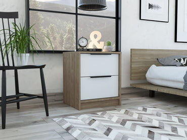 Velador Dos Cajones, FM Furniture 021C, Café Claro Y Blanco