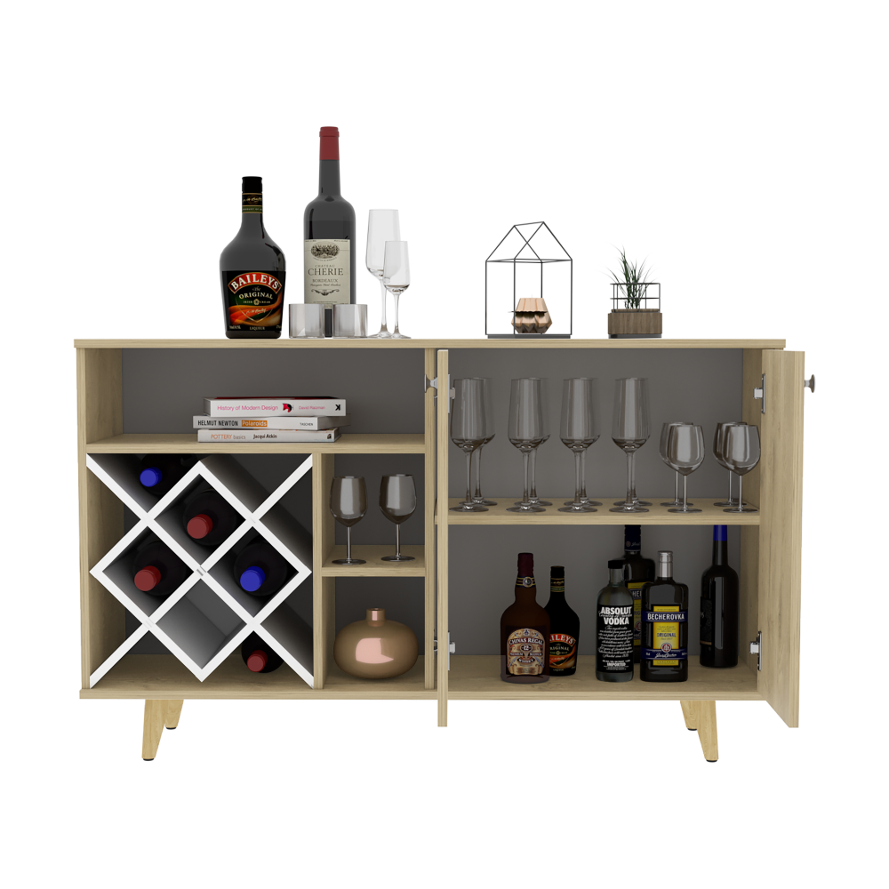 Mueble Bar Vihti, Macadamia y Blanco Marquez, con varios entrepaños