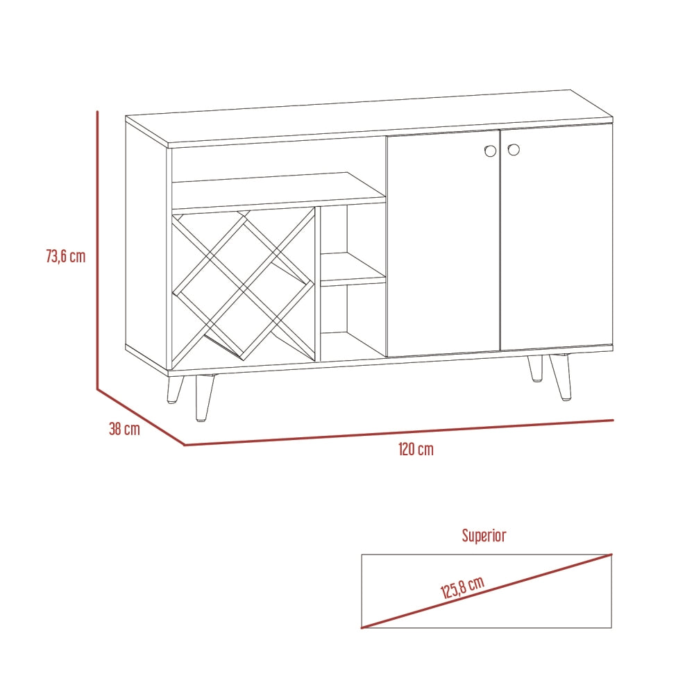 Mueble Bar Vihti, Macadamia y Blanco Marquez, con varios entrepaños