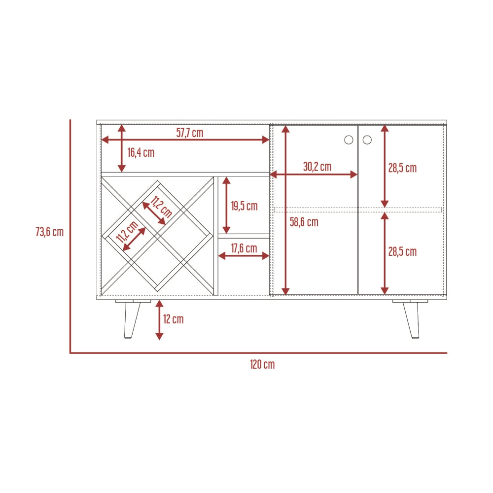 Mueble Bar Vihti, Macadamia y Blanco Marquez, con varios entrepaños
