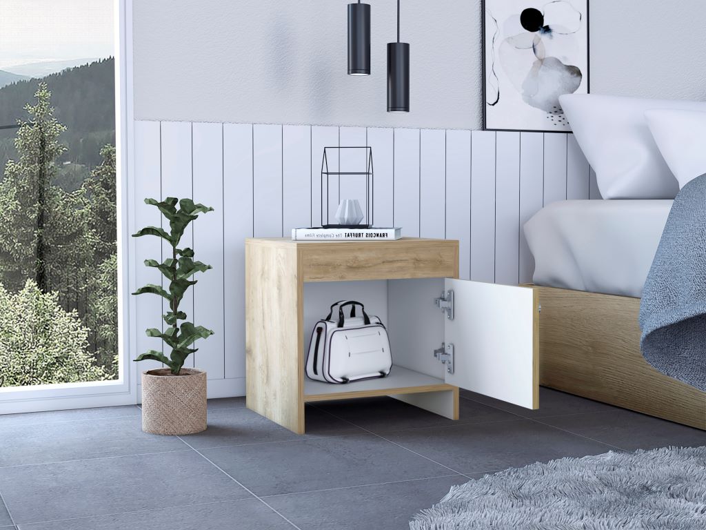 Velador Una Puerta, FM Furniture 026B, Café Claro Y Blanco