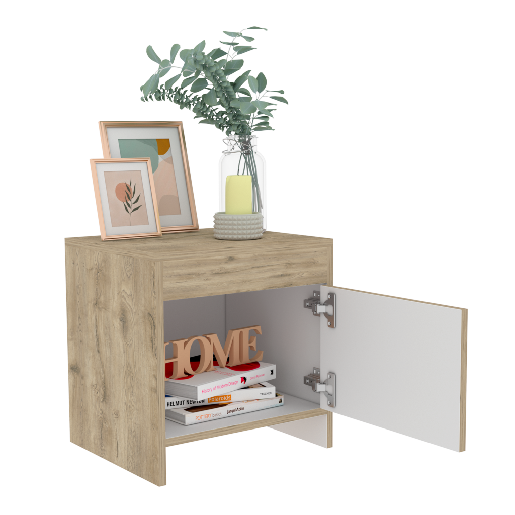 Velador Una Puerta, FM Furniture 026B, Café Claro Y Blanco