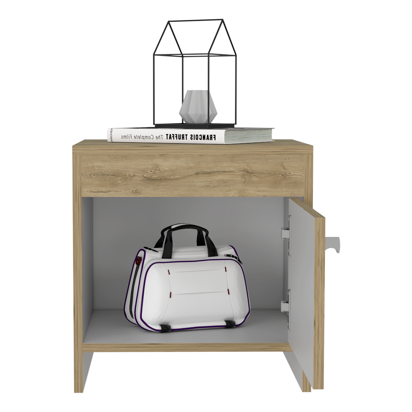 Velador Tutto, Macadamia y Blanco, con Cajón Para Guardar Objetos Ideal Para Espacios Reducidos