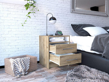 Velador Douglas, Macadamia y Blanco, con Un Entrepaño Superior y Dos Cajones Organizadores