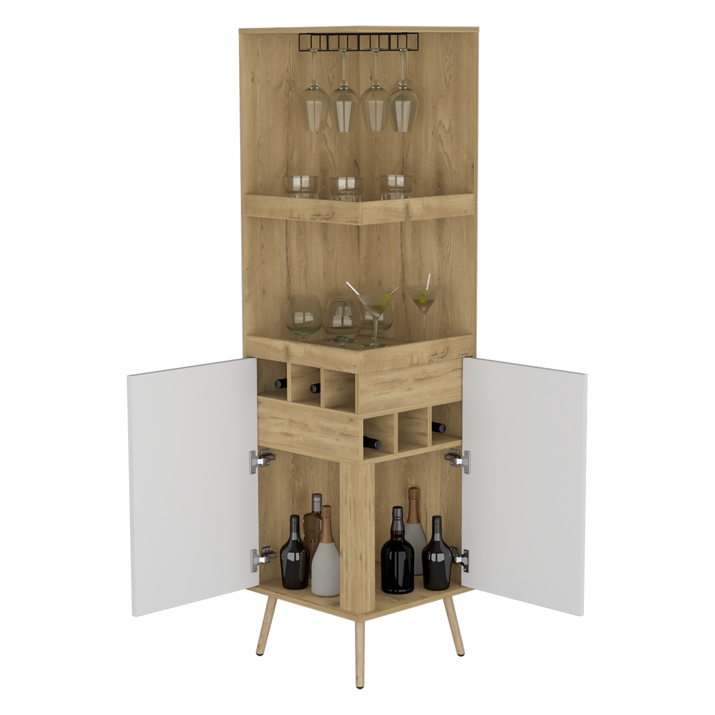 Bar Esquinero Huna, Macadamia y Blanco, con amplio espacio para botellas y portacopas
