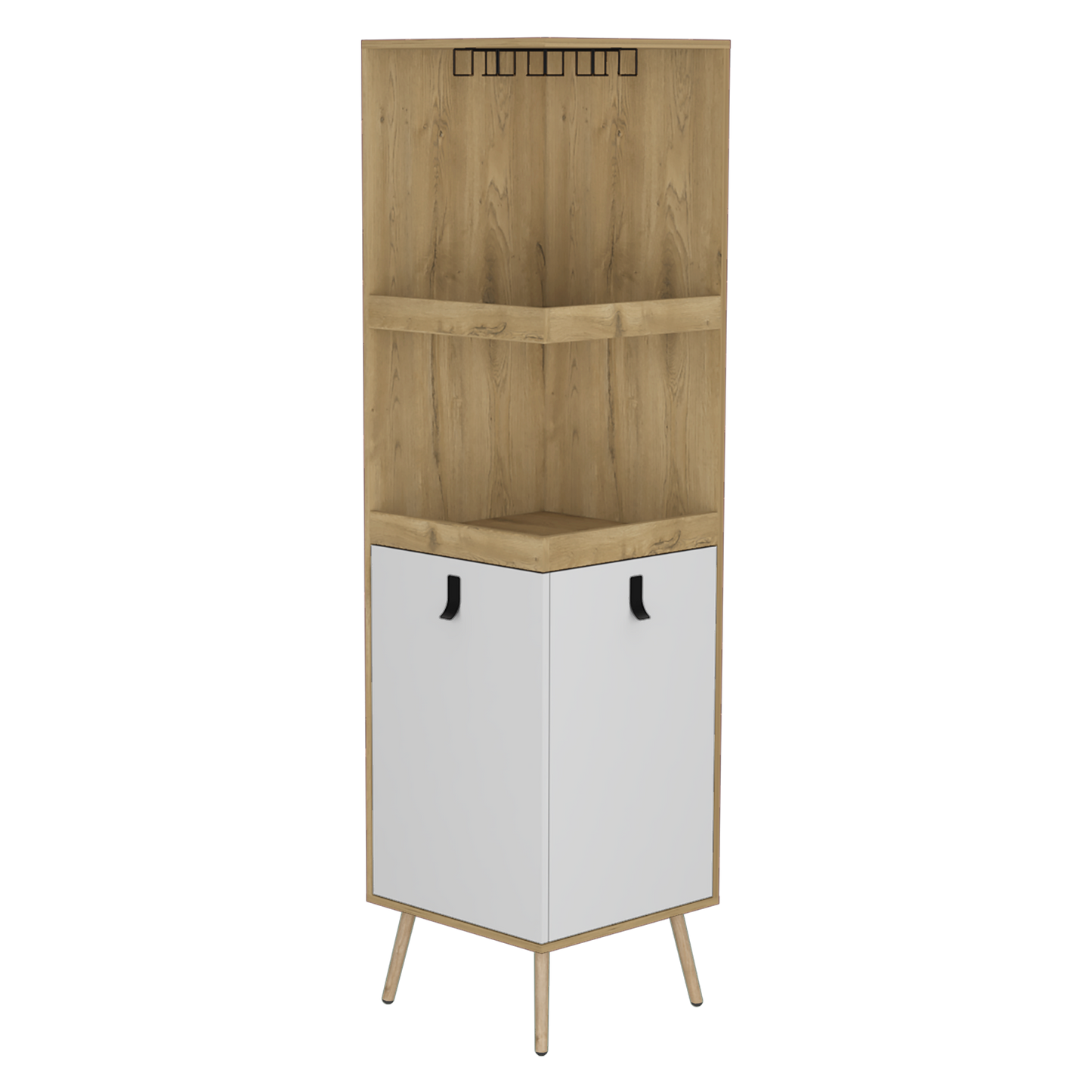 Bar Esquinero Huna, Macadamia y Blanco, con amplio espacio para botellas y portacopas