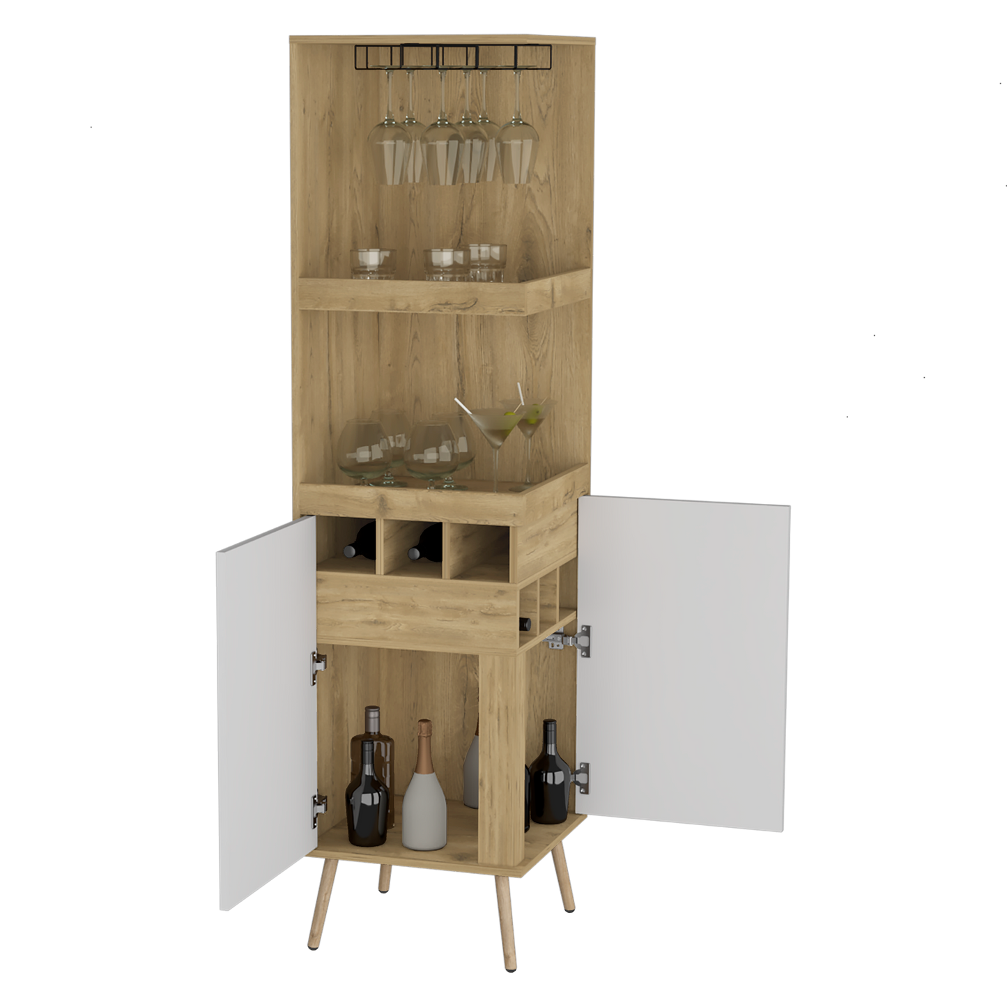 Bar Esquinero Huna, Macadamia y Blanco, con amplio espacio para botellas y portacopas
