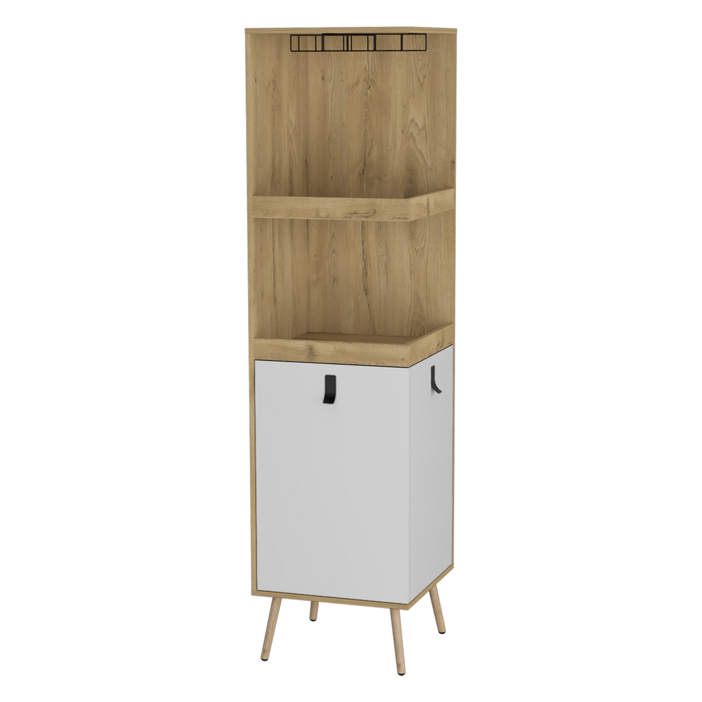 Bar Esquinero Huna, Macadamia y Blanco, con amplio espacio para botellas y portacopas