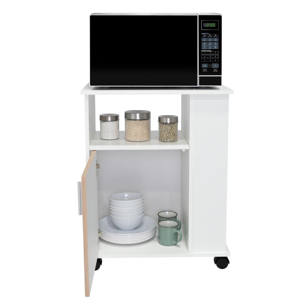 Mueble Microondas Bajo Kit, Café Claro y Blanco, con Rodachinas Plásticas y Amplio Espacio Para Almacenar