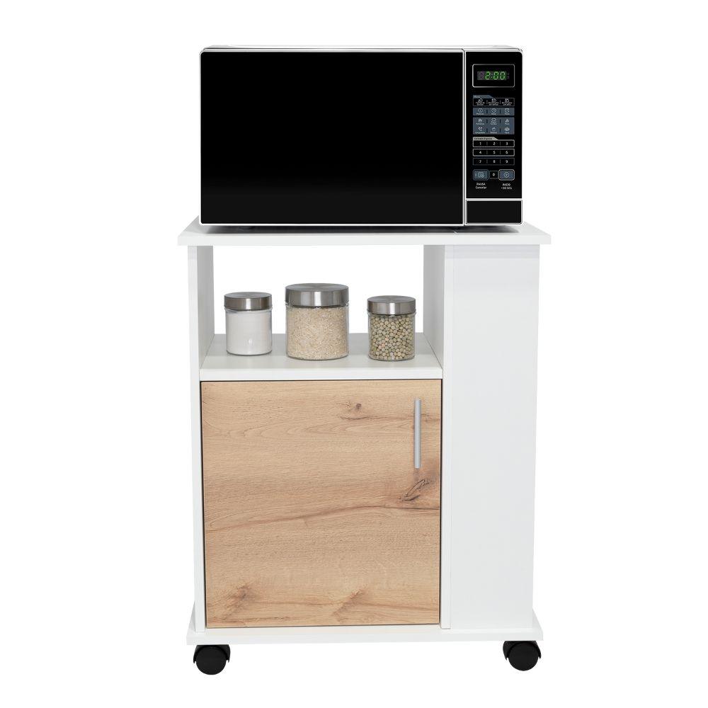 Mueble Microondas Bajo Kit, Café Claro y Blanco, con Rodachinas Plásticas y Amplio Espacio Para Almacenar