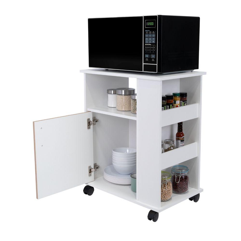 Mueble Microondas Bajo Kit, Café Claro y Blanco, con Rodachinas Plásticas y Amplio Espacio Para Almacenar