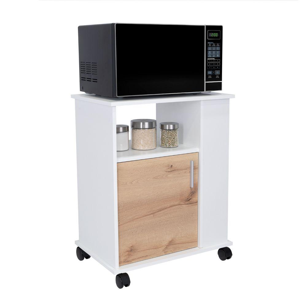 Mueble Microondas Bajo Kit, Café Claro y Blanco, con Rodachinas Plásticas y Amplio Espacio Para Almacenar