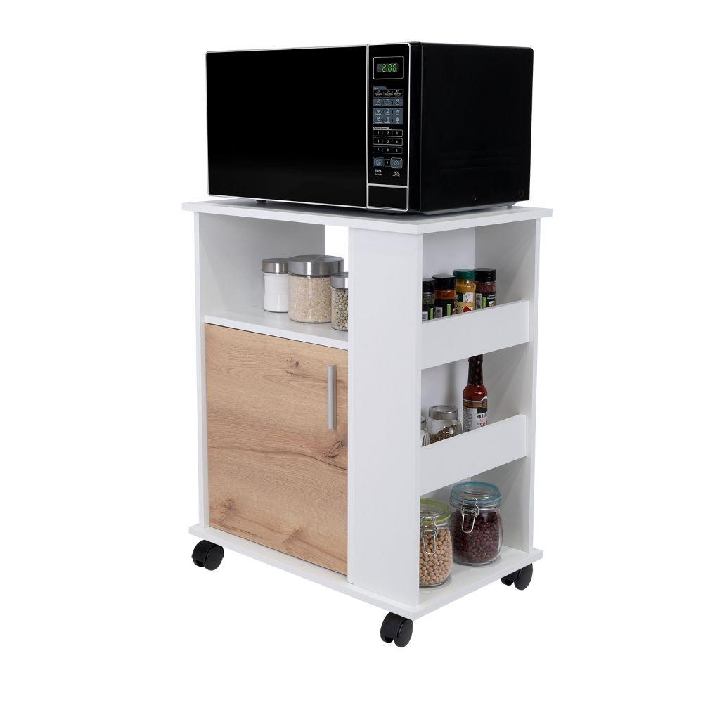 Mueble Microondas Bajo Kit, Café Claro y Blanco, con Rodachinas Plásticas y Amplio Espacio Para Almacenar