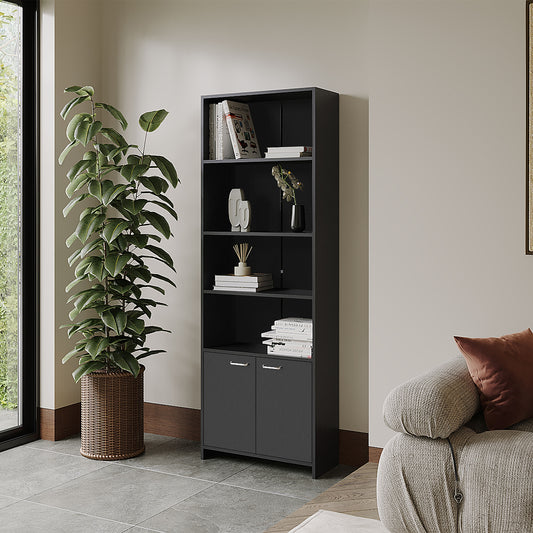 Biblioteca Con Dos Puertas Y Cinco Repisas, FM Furniture, Negro