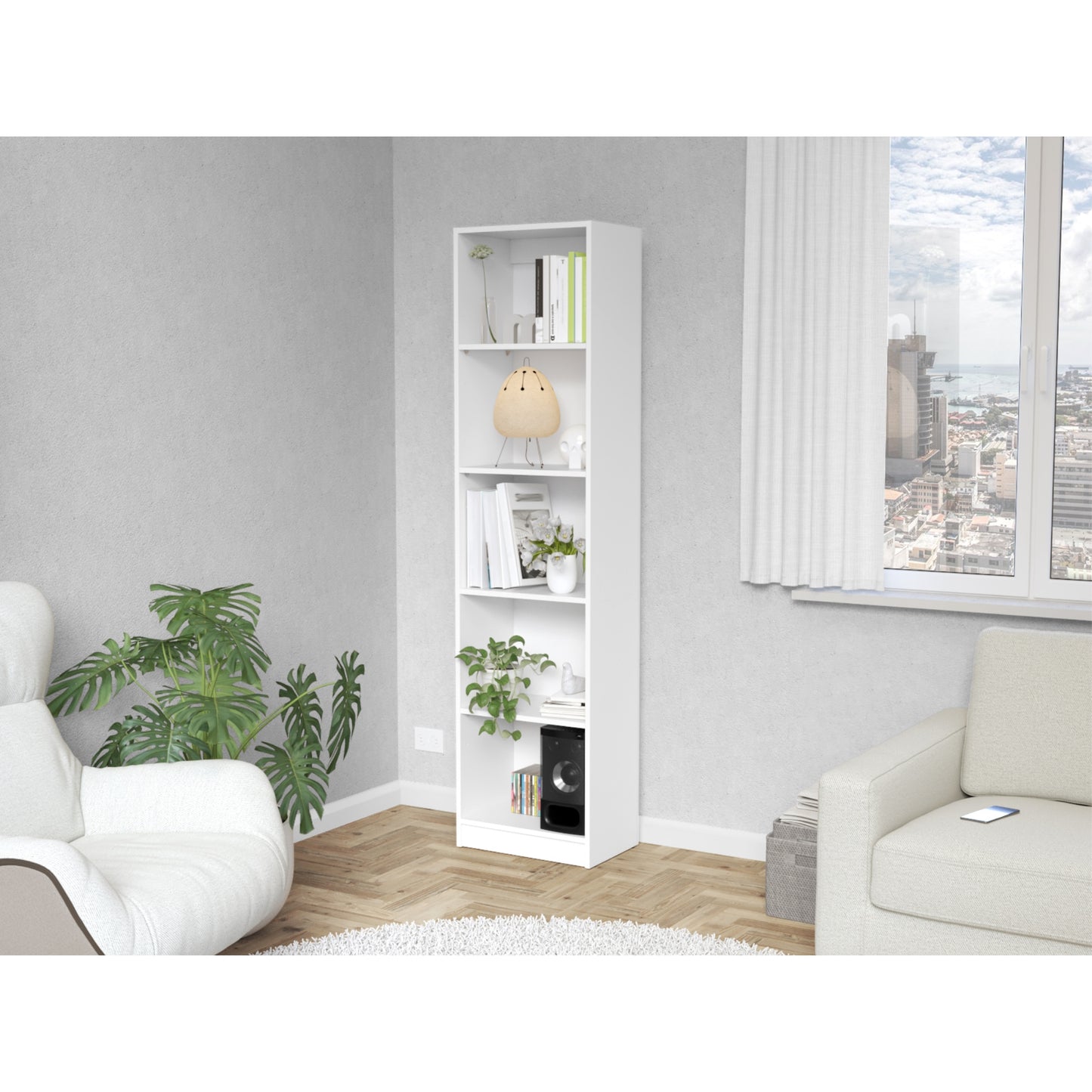 Biblioteca Estante Con Cinco Repisas Melamina, FM Furniture Blanco
