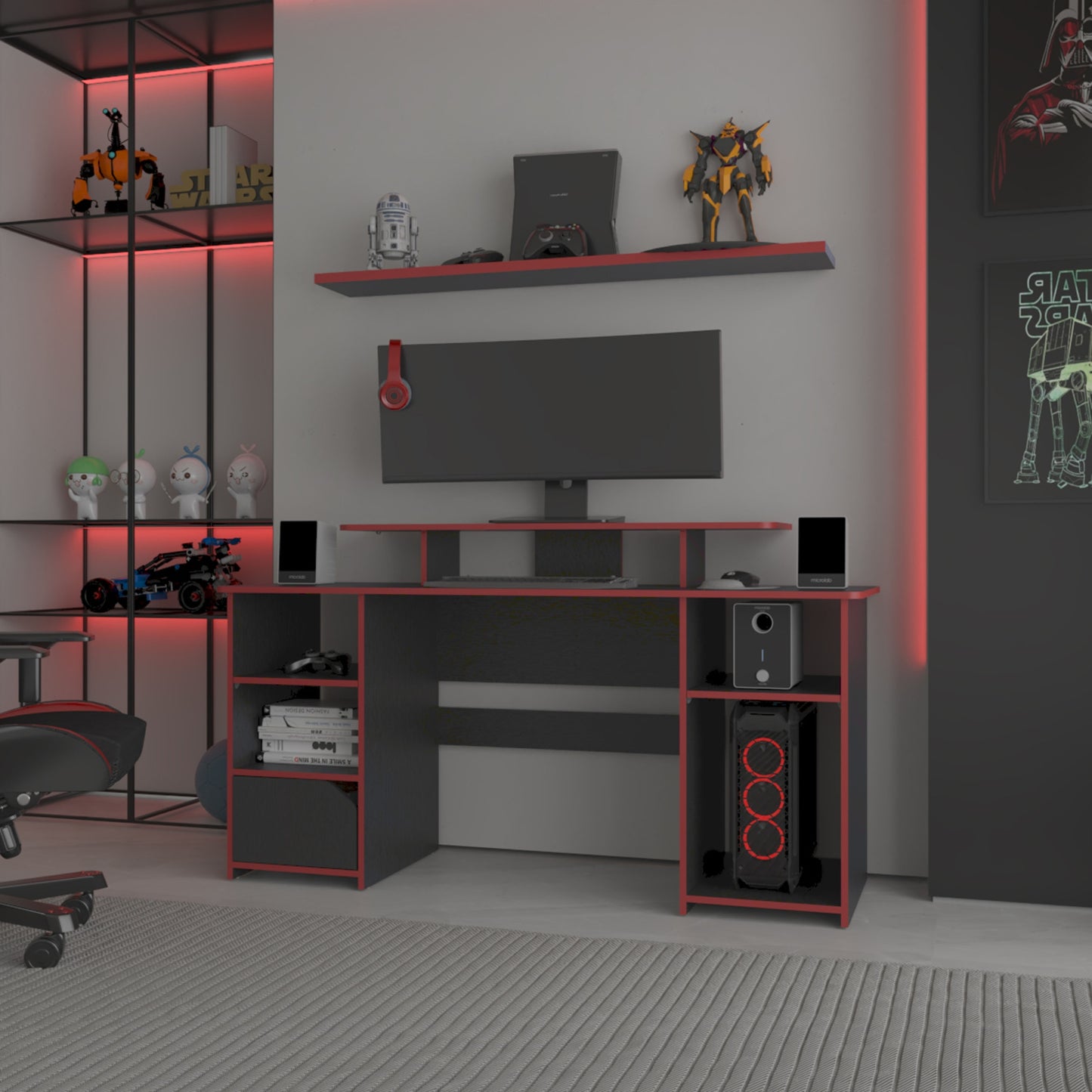 Escritorio Gamer, FM Furniture 045N Negro Y Rojo