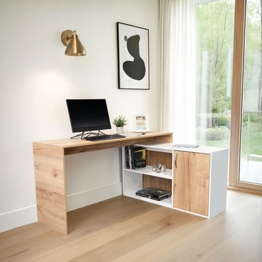 Escritorio En L Una Puerta Fm-032C Café Claro Y Blanco