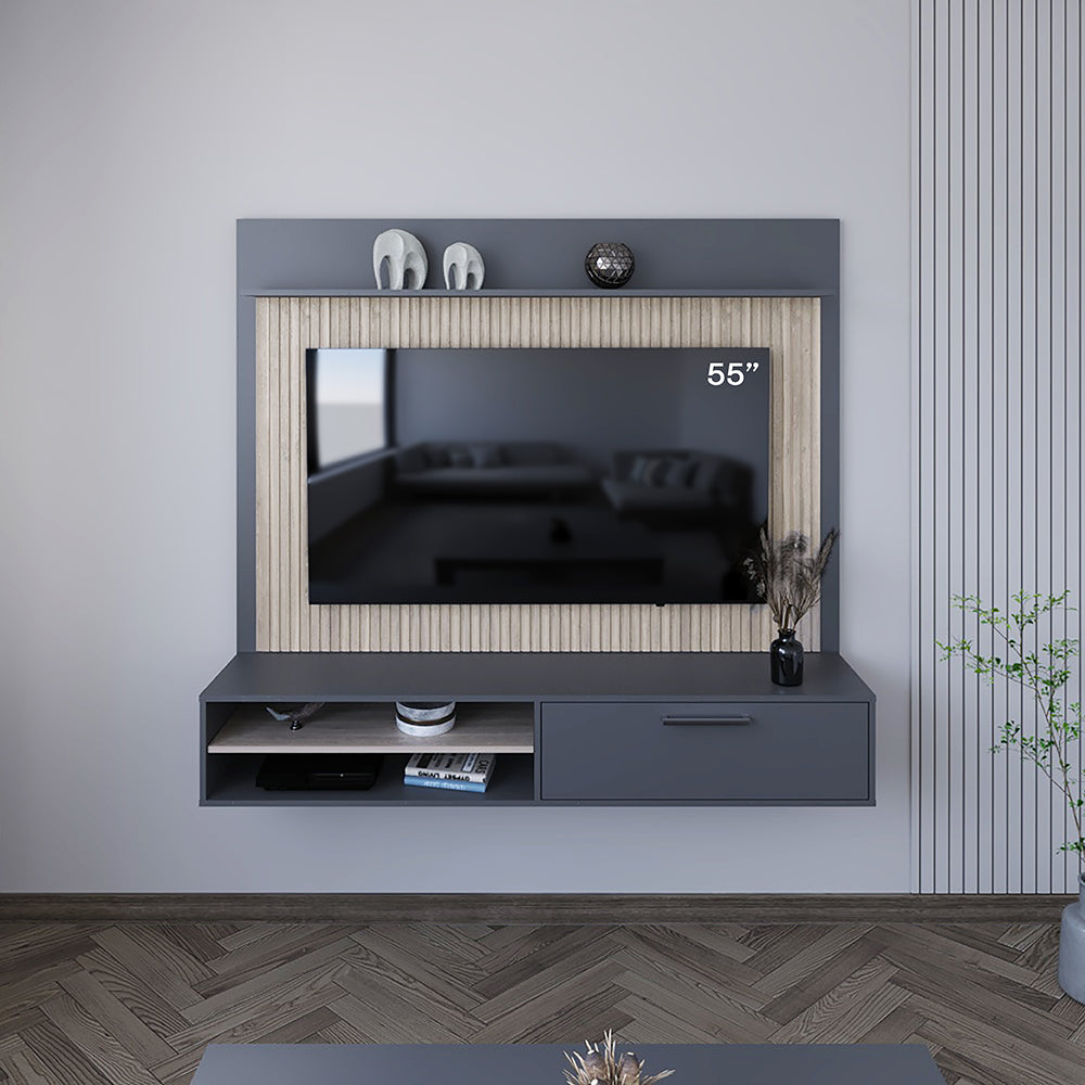 Panel de Tv Hober, Plata Oscuro y Bardolino, con Espacio Para Televisor desde 55" hasta 70"