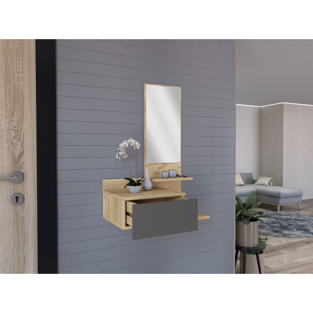 Mueble Recibidor Pared C/Espejo Un Cajon FM 002C, Café Claro