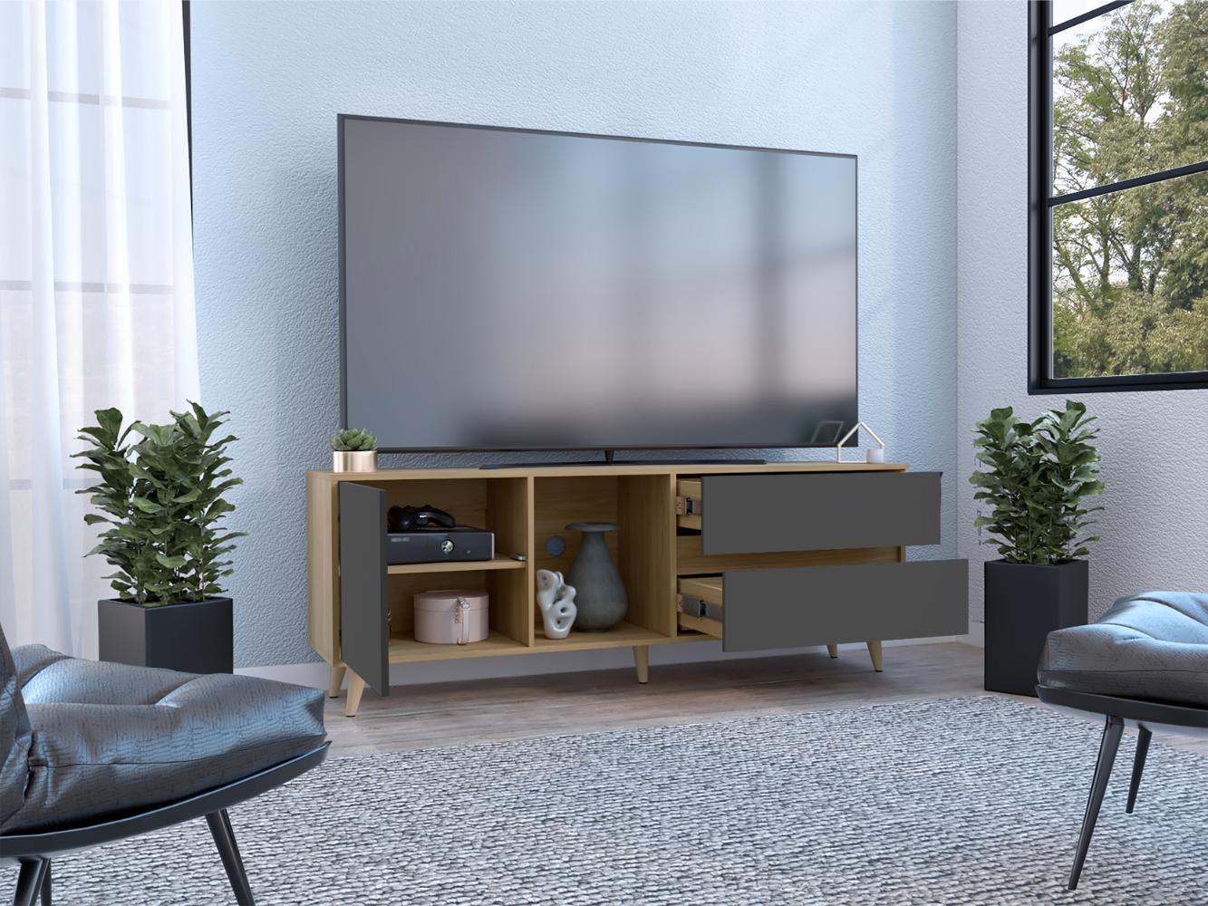 Mesa Para Tv Nashira, Fresno Europeo y Plata Oscuro, con Espacio Para Televisor de Hasta 65 Pulgadas
