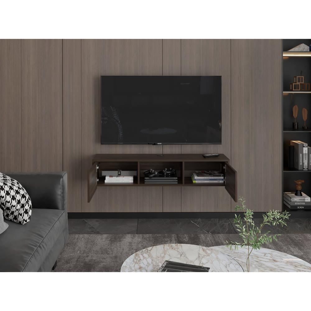 Mesa Para Tv Flotante Gleid, Nogal Europeo, con Dos Puertas Abatibles