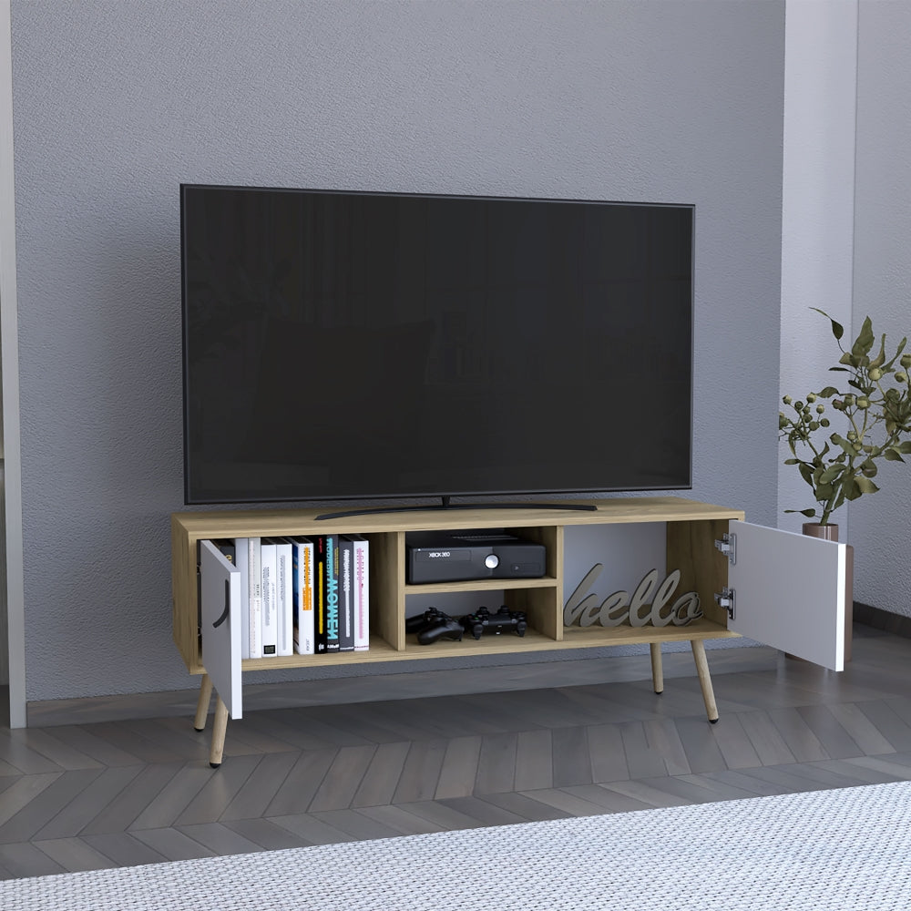 Rack Huna, Macadamia y Blanco, con capacidad para televisor de hasta 60''