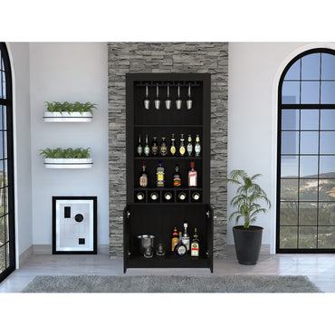 Bar Alto Cinco Botelleros Y Portacopas, FM Furniture 003C, Cafe Oscuro Y Negro