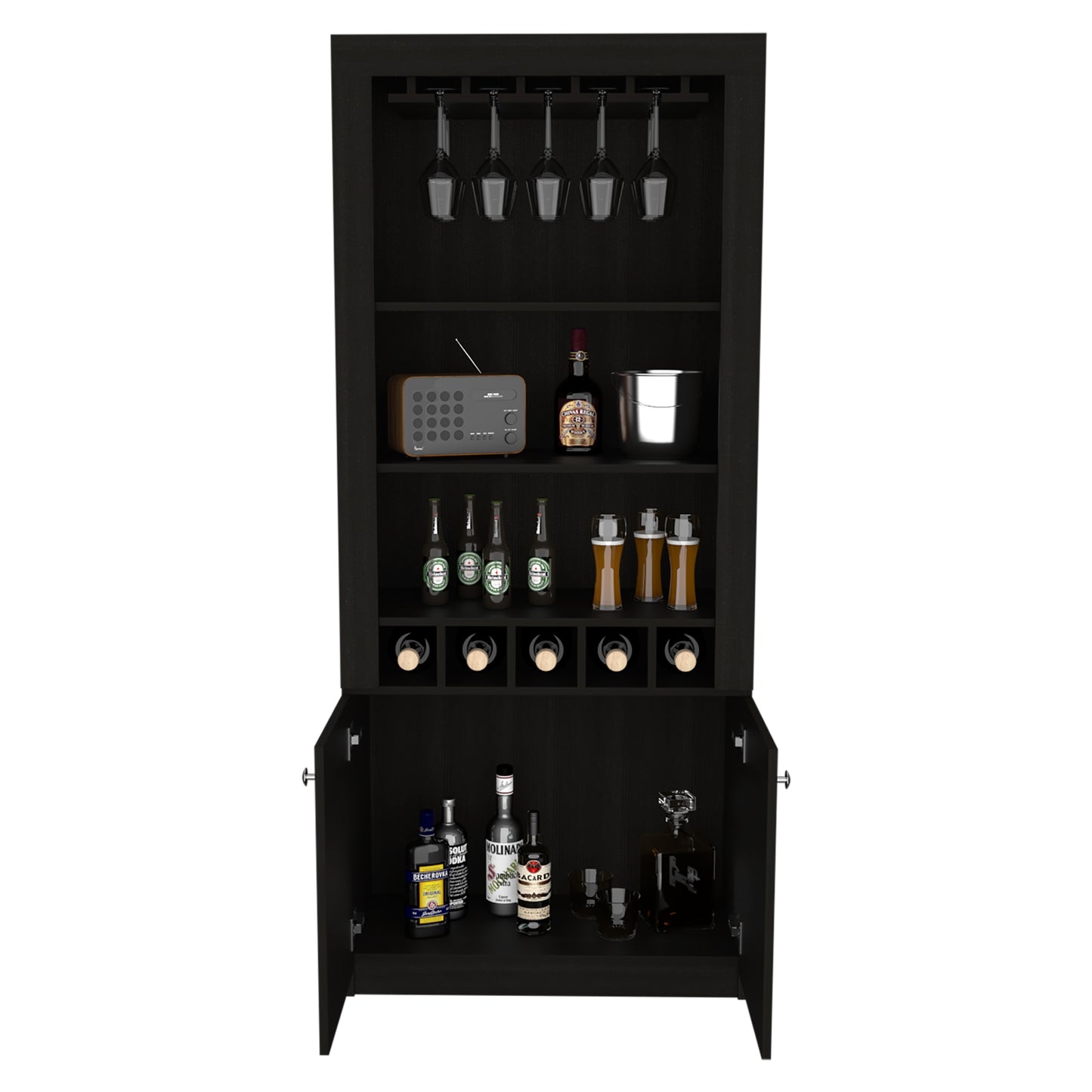 Bar Alto Cinco Botelleros Y Portacopas, FM Furniture 003C, Cafe Oscuro Y Negro