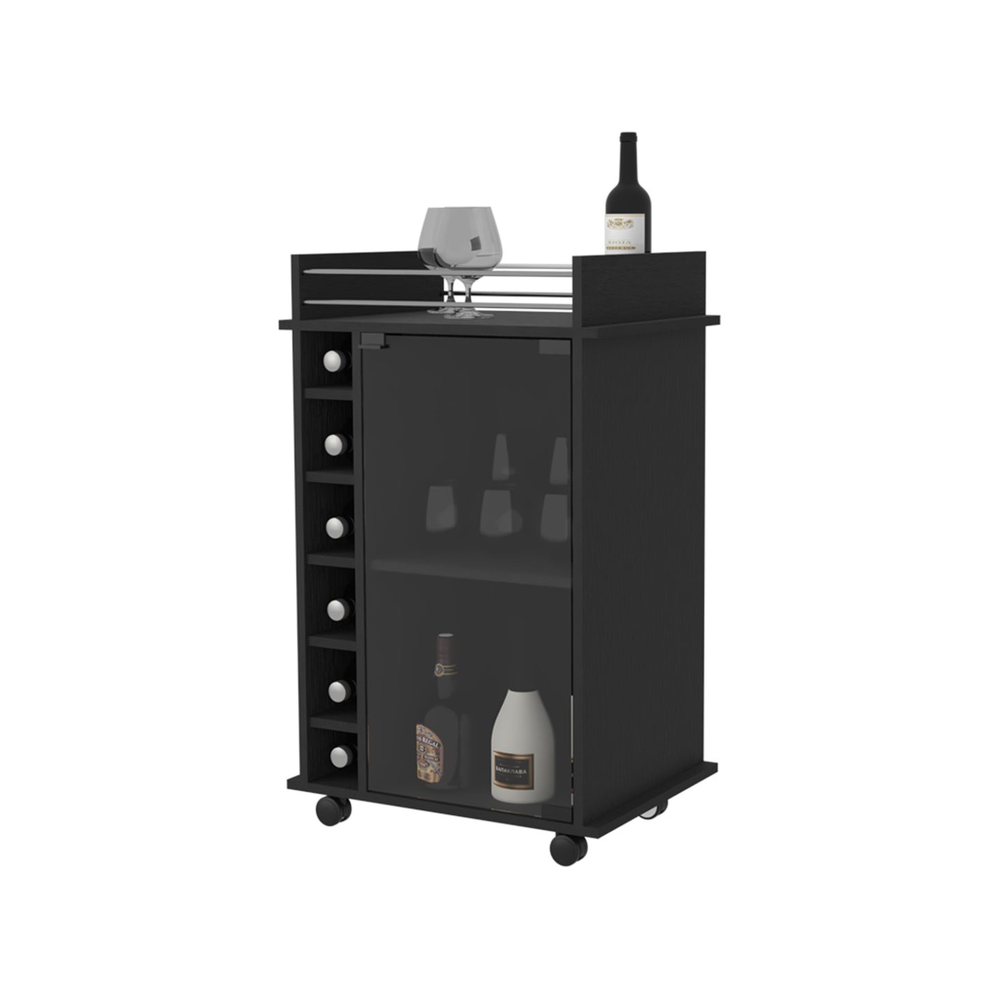 Bar Bajo Seis Botelleros Una Puerta De Vidrio, FM Furniture 009N, Negro