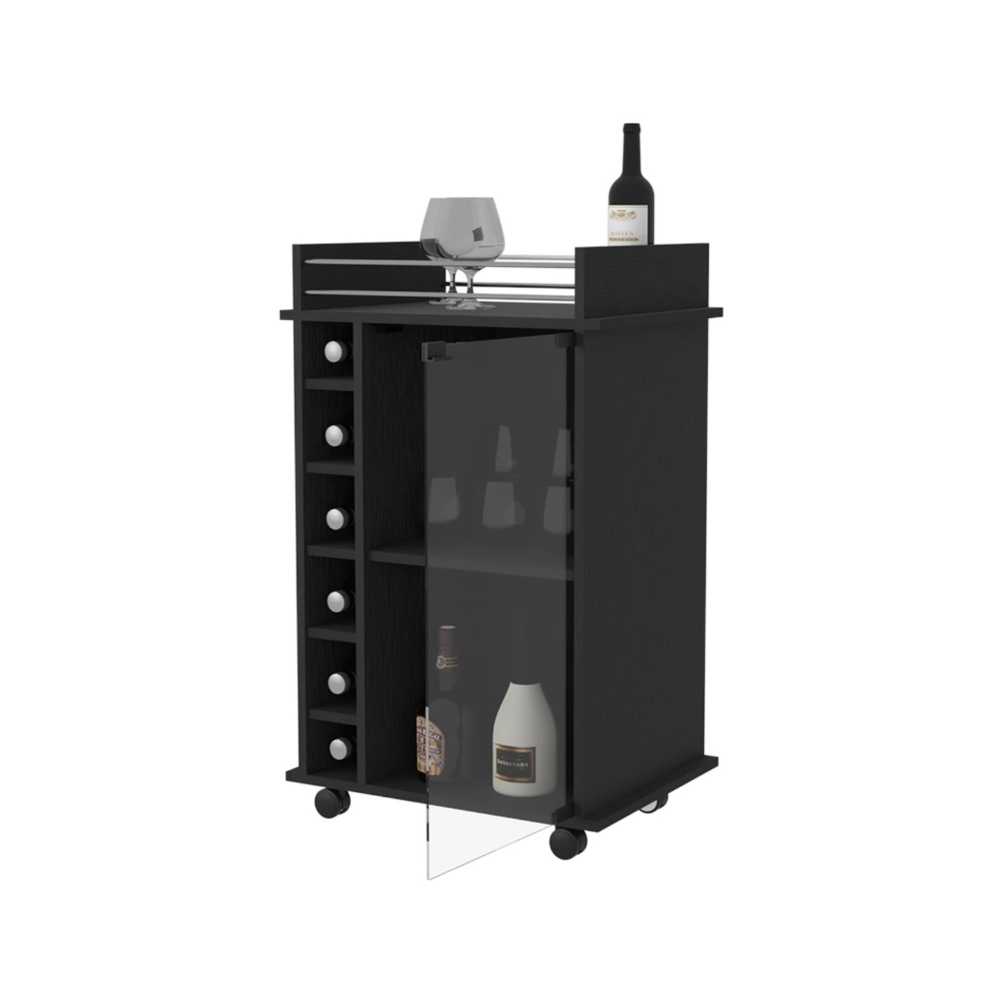 Bar Bajo Seis Botelleros Una Puerta De Vidrio, FM Furniture 009N, Negro
