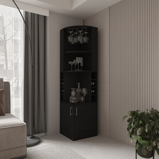 Bar Esquinero Con Soporte Para Copas, Negro, FM Furniture
