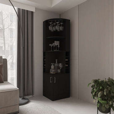 Bar Esquinero Con Soporte Para Copas, Negro, FM Furniture