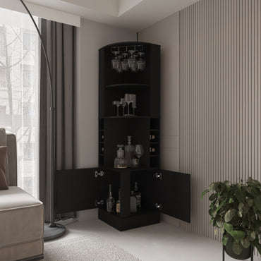 Bar Esquinero Con Soporte Para Copas, Negro, FM Furniture