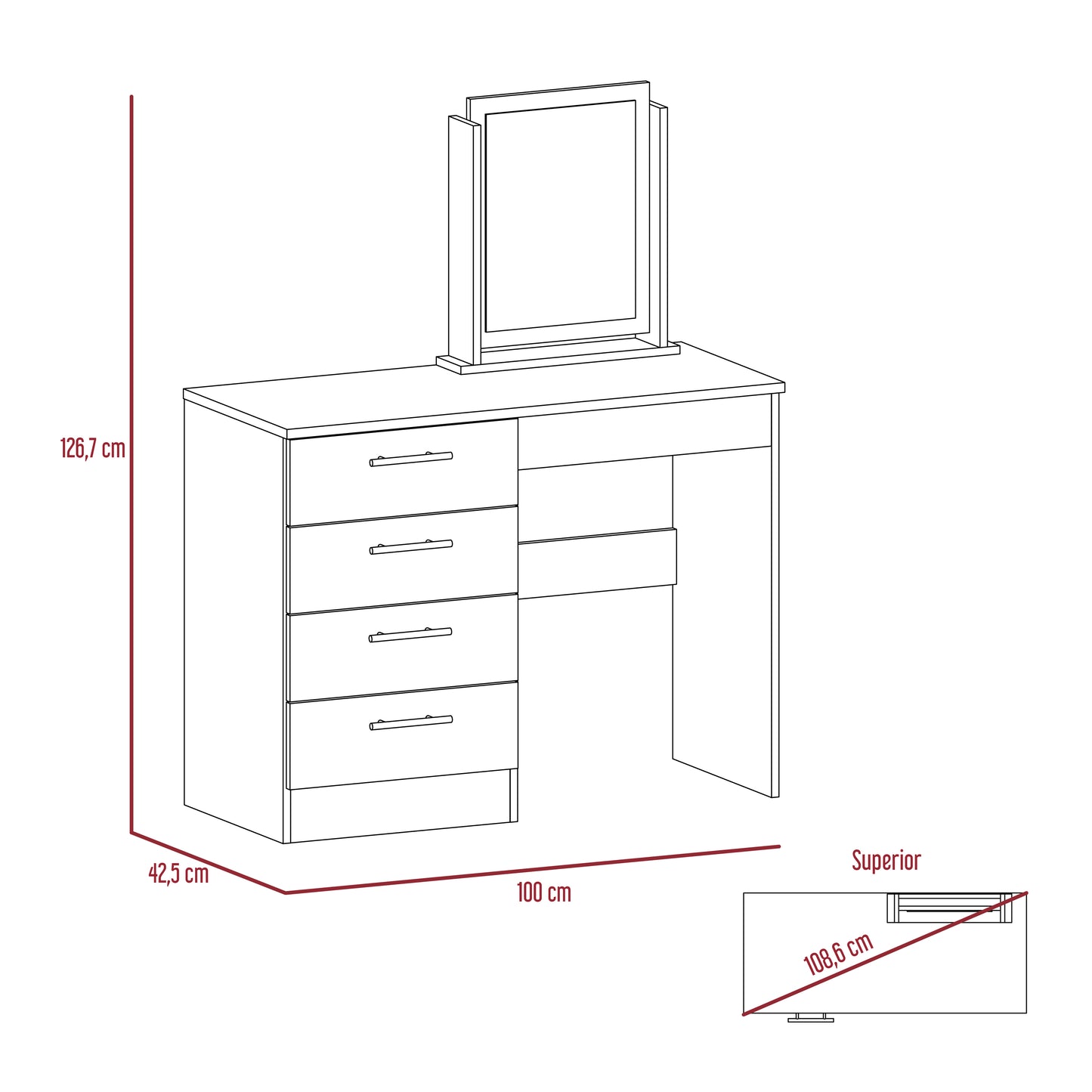 Mueble Tocador Con Espejo Y Cuatro Cajones , FM Furniture 001N, Negro