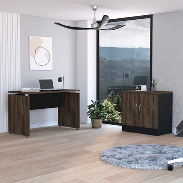 Mesa Escritorio M-120 + Cajonera Home Office Color Negro Soft y Coñac Para Oficina