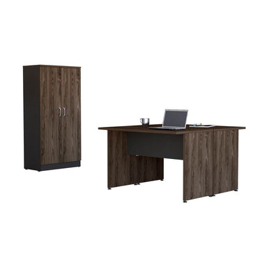 Mesa Escritorio Doble + Biblioteca 2P Home Office Color Negro Soft y Coñac Para Oficina
