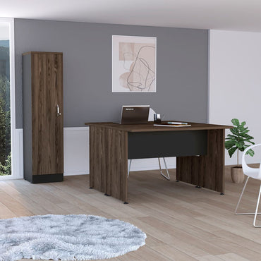 Mesa Escritorio Doble + Biblioteca 1P Home Office Color Negro Soft y Coñac Para Oficina