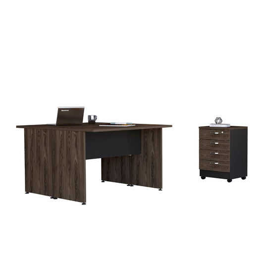 Mesa Escritorio Doble + Archivador 4C Home Office Color Negro Soft y Coñac Para Oficina