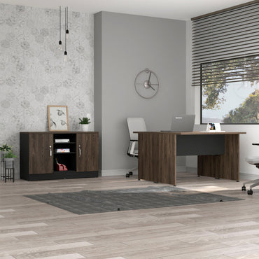 Mesa Escritorio Doble + Gabinete 2P Home Office Color Negro Soft y Coñac Para Oficina