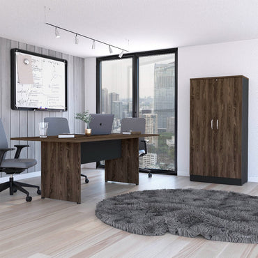 Mesa De Reunión M-200 + Biblioteca 2P Home Office Color Negro Soft y Coñac Para Oficina