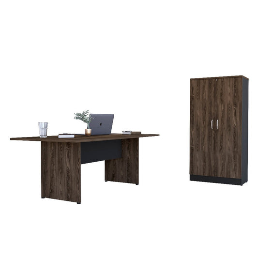 Mesa De Reunión M-200 + Biblioteca 2P Home Office Color Negro Soft y Coñac Para Oficina