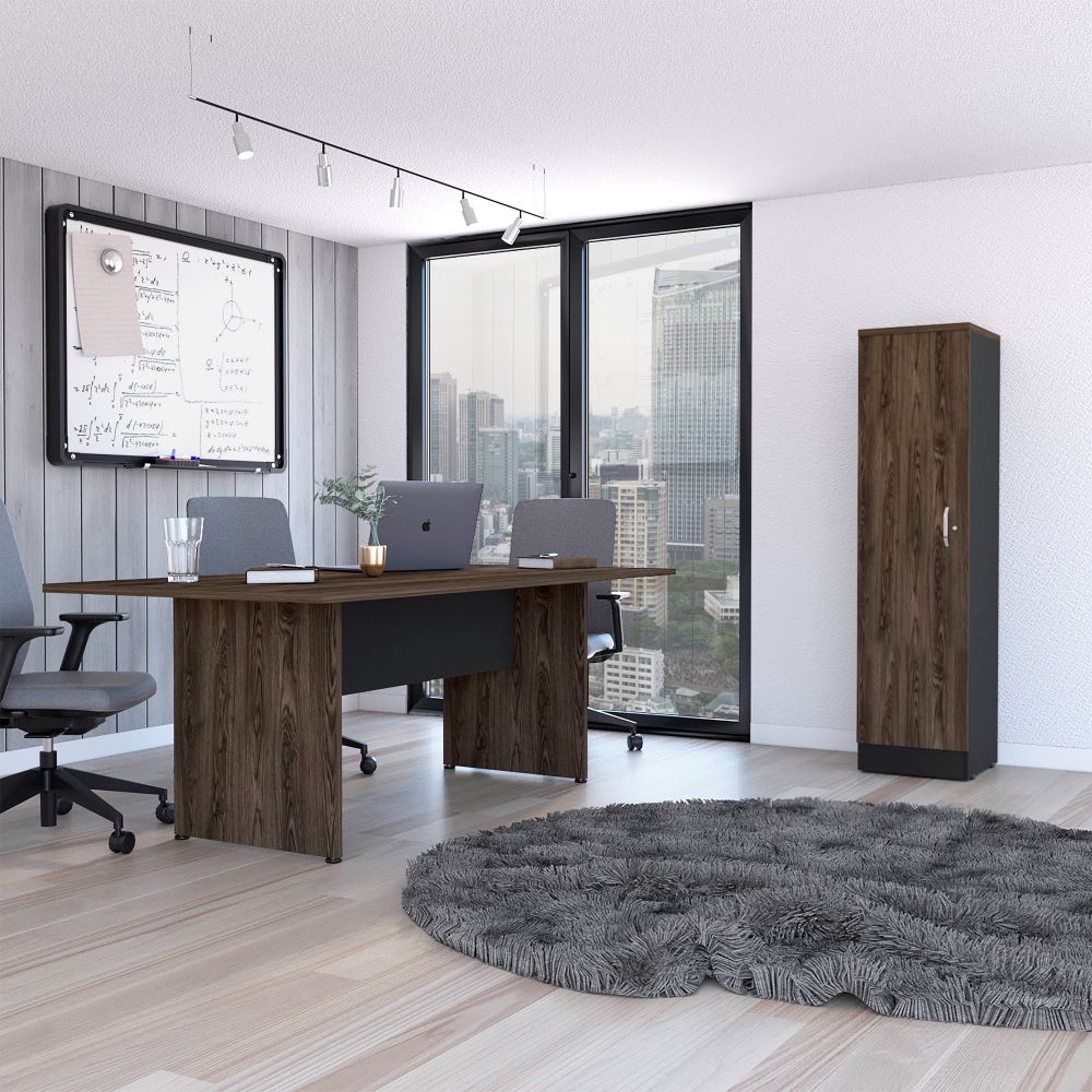 Mesa De Reunión M-200 + Biblioteca Home Office Color Negro Soft y Coñac Para Oficina