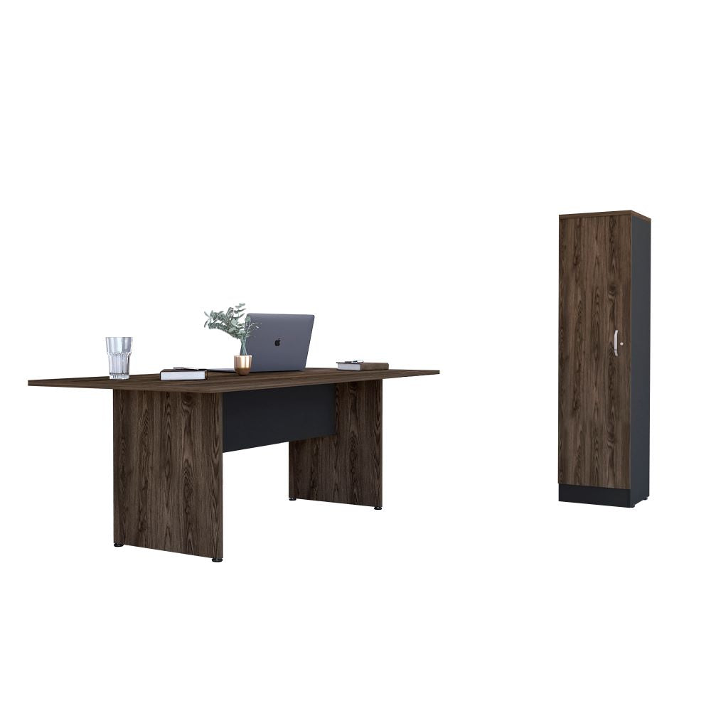 Mesa De Reunión M-200 + Biblioteca Home Office Color Negro Soft y Coñac Para Oficina