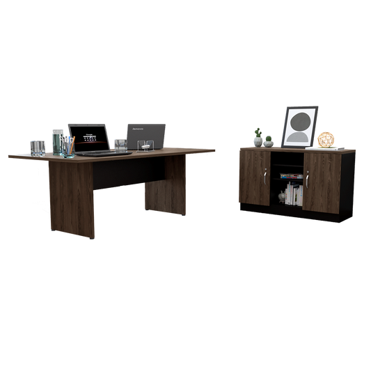 Mesa De Reunión M-200 + Gabinete 2P Home Office Color Negro Soft y Coñac Para Oficina