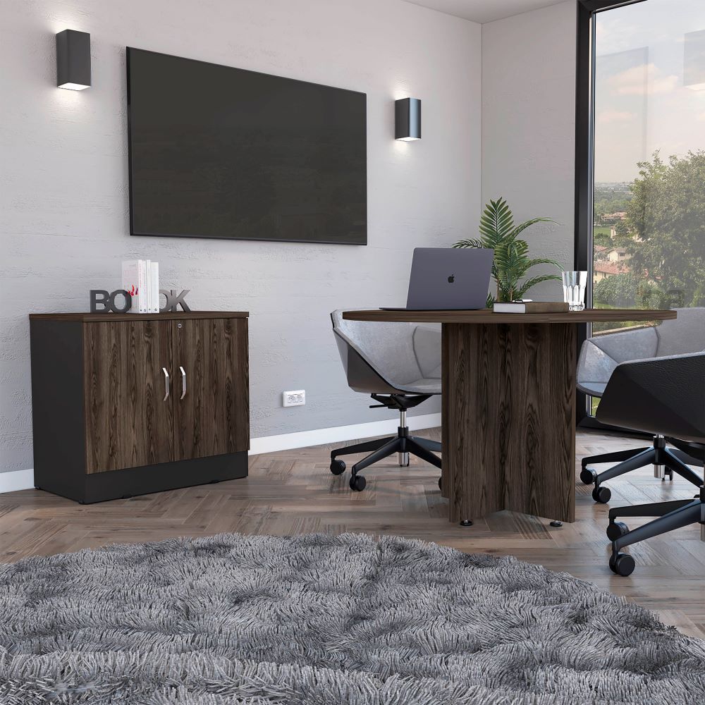 Mesa Redonda M-120 + Cajonera Home Office Color Negro Soft y Coñac Para Oficina