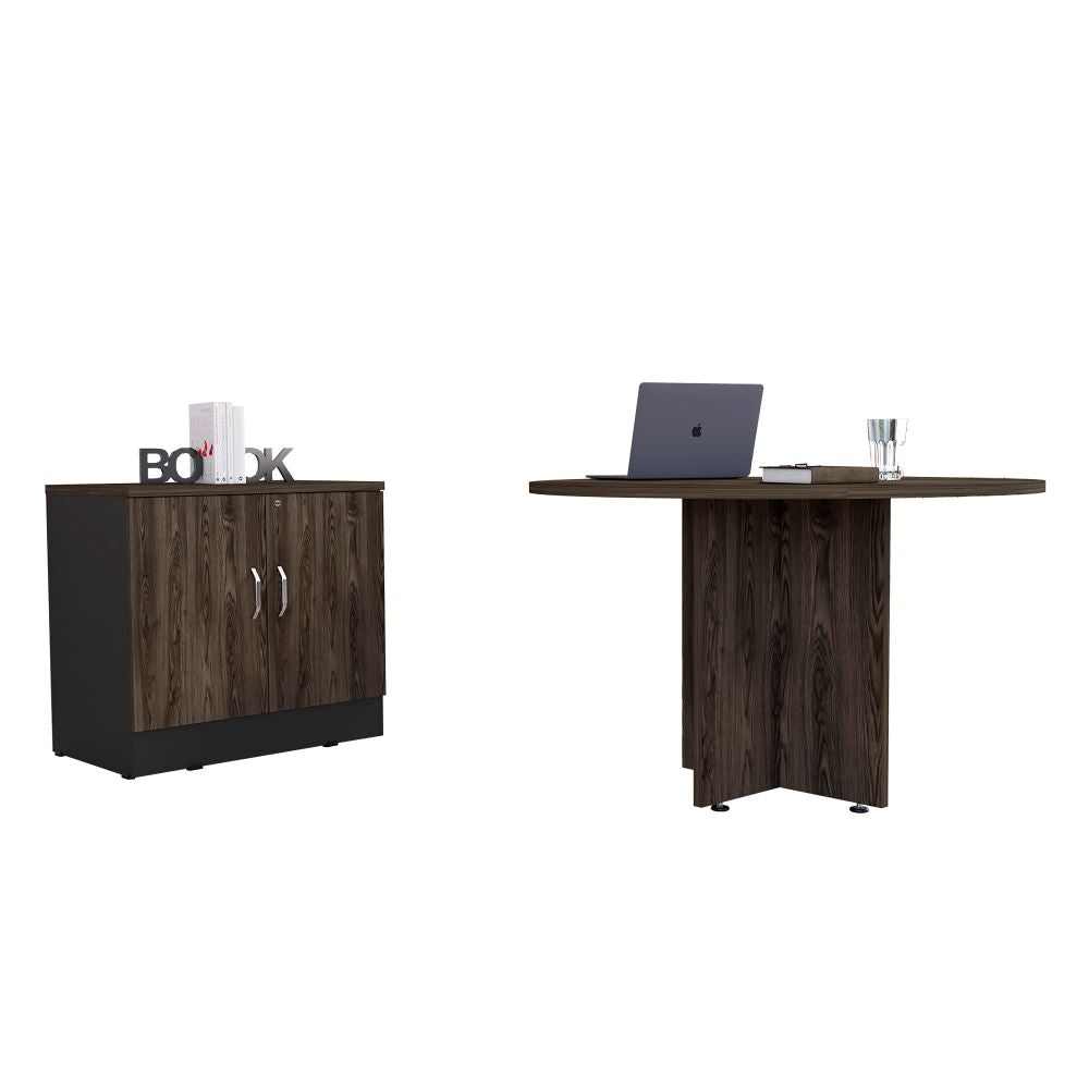 Mesa Redonda M-120 + Cajonera Home Office Color Negro Soft y Coñac Para Oficina